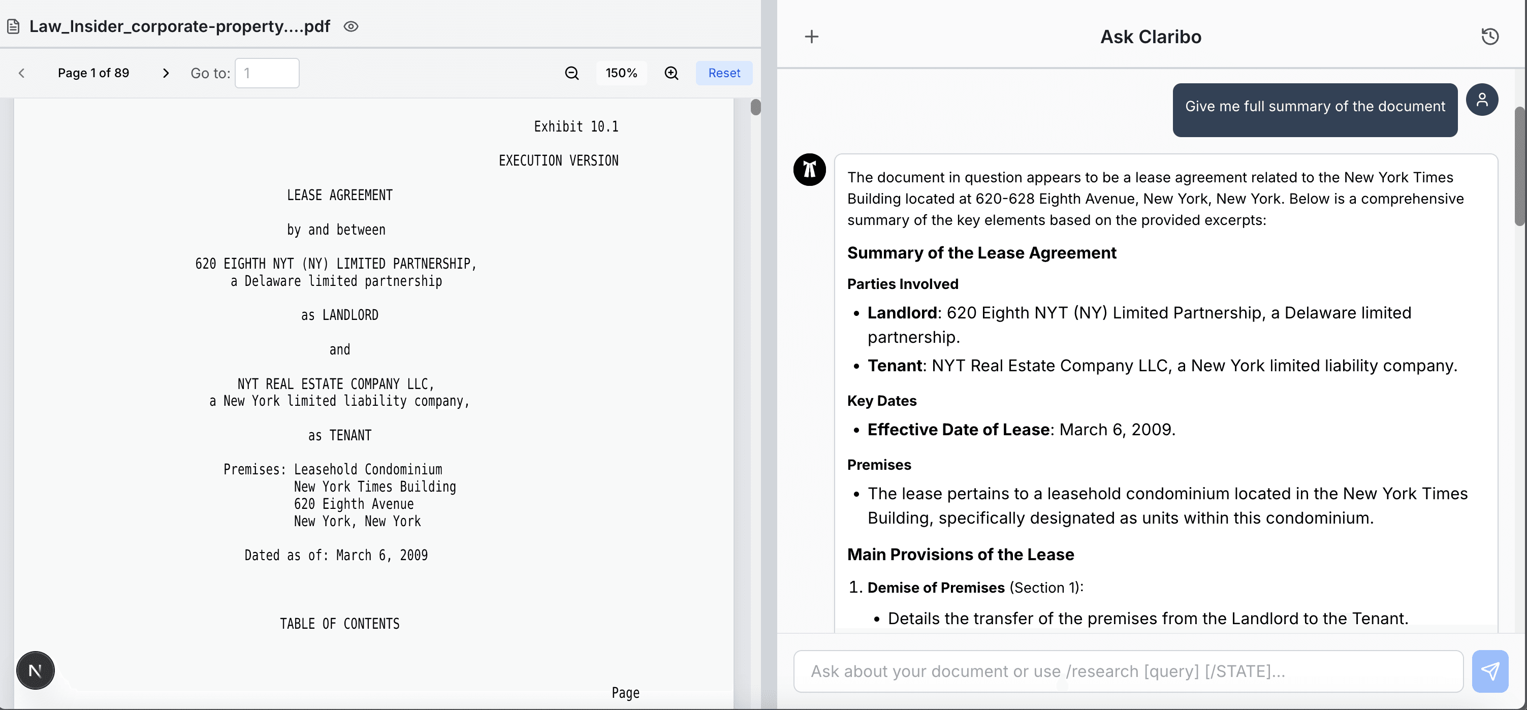 Product screenshot showing the legal document analysis platform